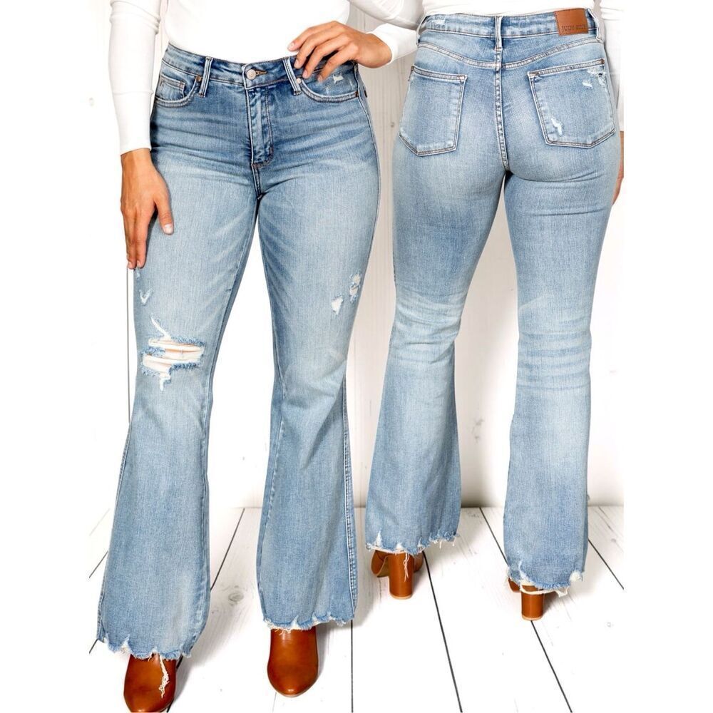Judy Blue Plus Tummy Control Flare Jeans Mid Rise Distressed Stretch Light Wash